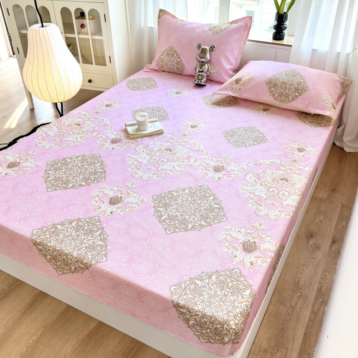 91家纺网 家纺一手货源 找家纺 乐居家纺 2025新款亲肤舒适活性印染水洗冰丝床笠 空谷幽兰-粉