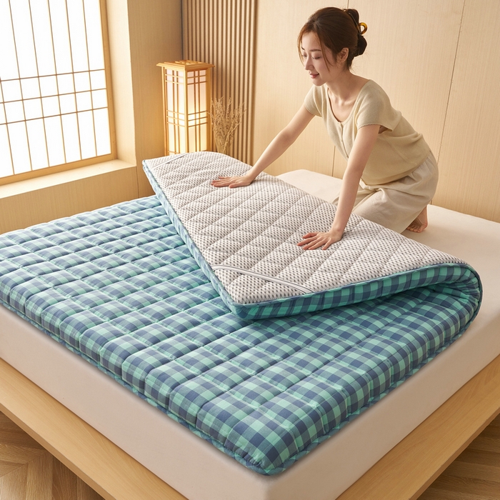 91家纺网 家纺一手货源 找家纺 锦丝钰床垫 2025新款色织水洗棉棉花床垫 蓝绿中格