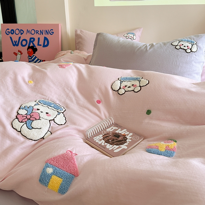 91家纺网 家纺一手货源 找家纺 TT.one 塔塔家居 2025新款全棉双层纱毛巾绣萌宠系列四件套 朵拉公主