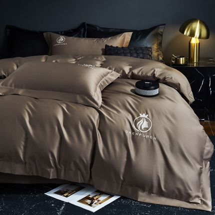 91家纺网 家纺一手货源 找家纺 （总）沃尔居 2025新款纯棉全棉四件套纯棉长绒棉四件套刺绣绣花纯色贡缎床笠款高端礼盒装