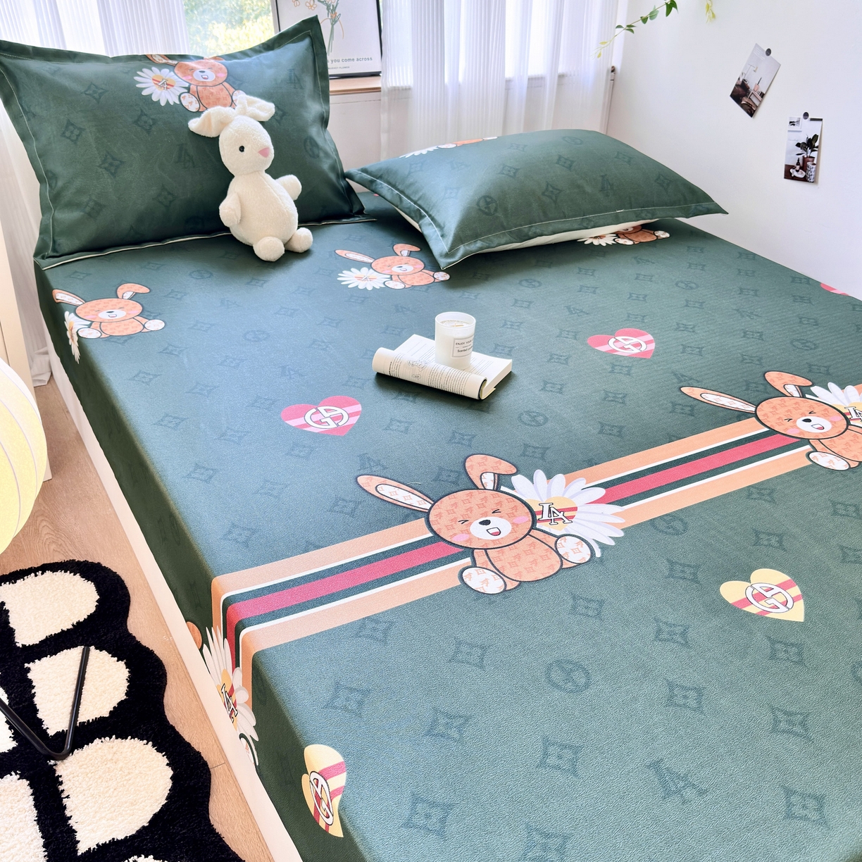 91家纺网 家纺一手货源 找家纺 乐居家纺 2025新款亲肤舒适活性印染水洗冰丝床笠 米妮兔-绿