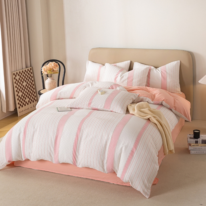 91家纺网 家纺一手货源 找家纺 九沐良品 2025新款全棉水洗棉提花四件套 简凝-粉