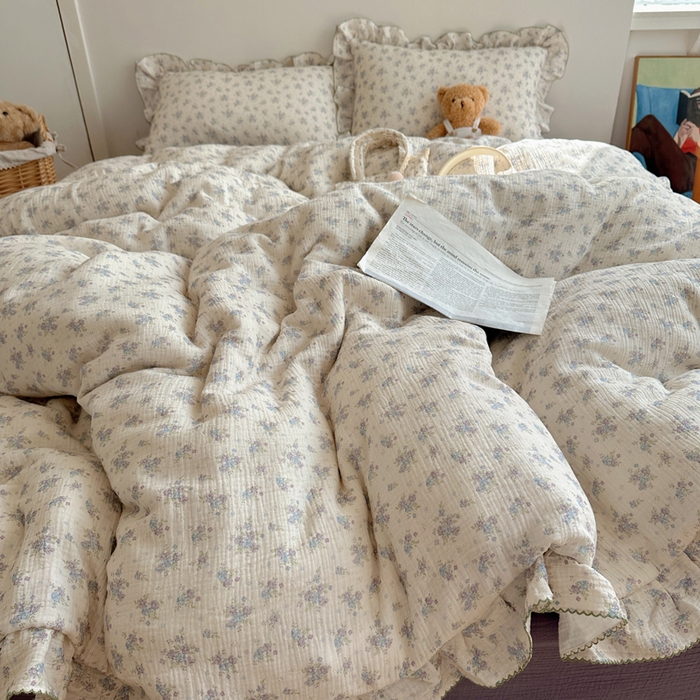 91家纺网 家纺一手货源 找家纺 2025新韩版花边全棉双层皱皱纱布四件套 怦然心动