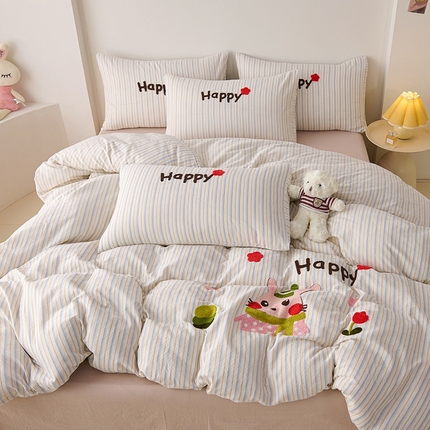爱思佳2025新款全棉双层纱毛巾绣系列四件套 happy兔