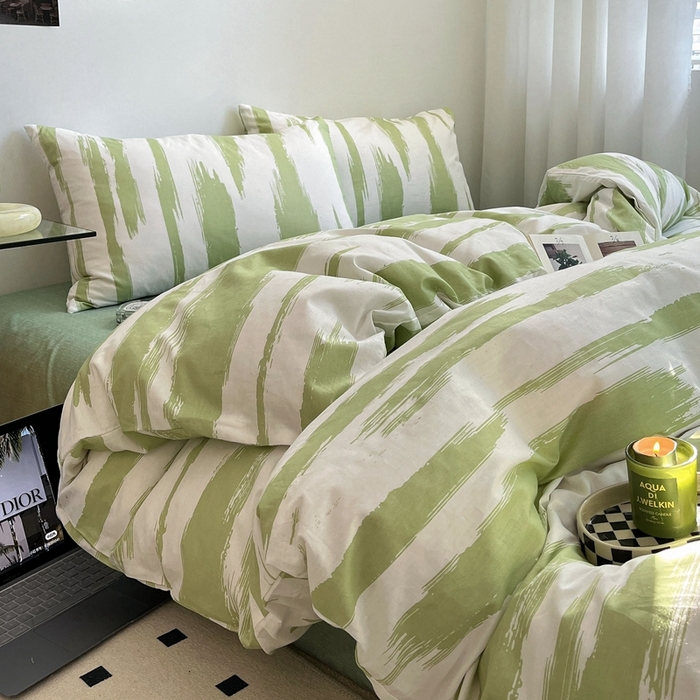 91家纺网 家纺一手货源 找家纺 吉象2025新款全棉印花北欧极简四件套系列 文艺绿