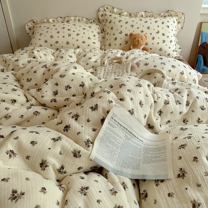 91家纺网 家纺一手货源 找家纺 2025新韩版花边全棉双层皱皱纱布四件套 清冷紫葡萄