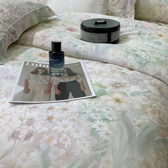 91家纺网 家纺一手货源 找家纺 莱豫2025新款50支莱赛尔天丝四件套 花漾情绿