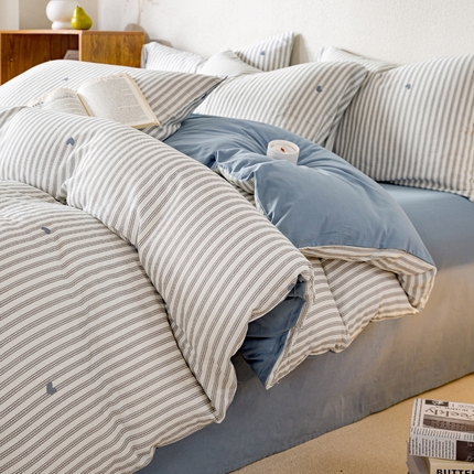 2025新款全棉水洗棉双层纱印花四件套 悦吟-蓝