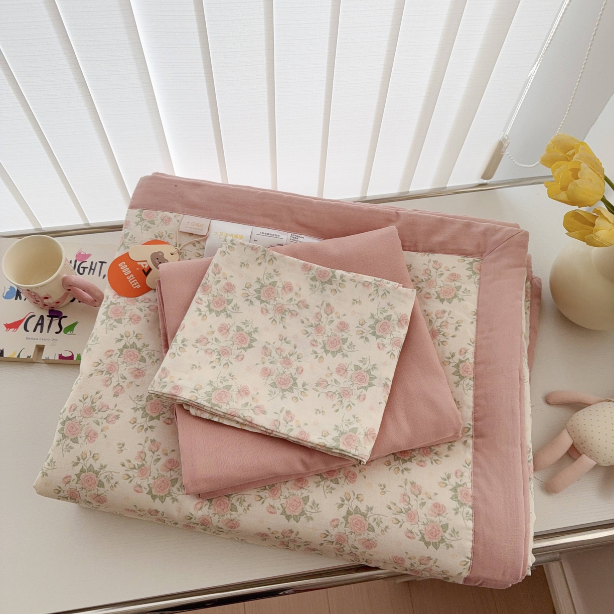 91家纺网 家纺一手货源 找家纺 于果 2025新款全棉双层纱夏被四件套 玫瑰米