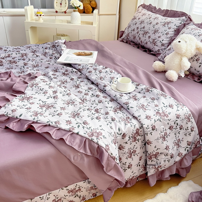 91家纺网 家纺一手货源 找家纺 找底底家纺 2025新款60S水洗天丝夏被夏凉被空调被床裙四件套 满园芬芳