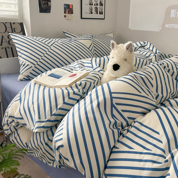 91家纺网 家纺一手货源 找家纺 吉象2025新款全棉印花北欧极简四件套系列 语初蓝