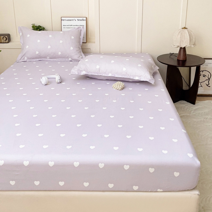 91家纺网 家纺一手货源 找家纺 朵朵家纺 2025新款亲肤棉芦荟棉床笠单床笠，磨毛床笠，印花床笠（可定制尺寸 ） 爱心紫