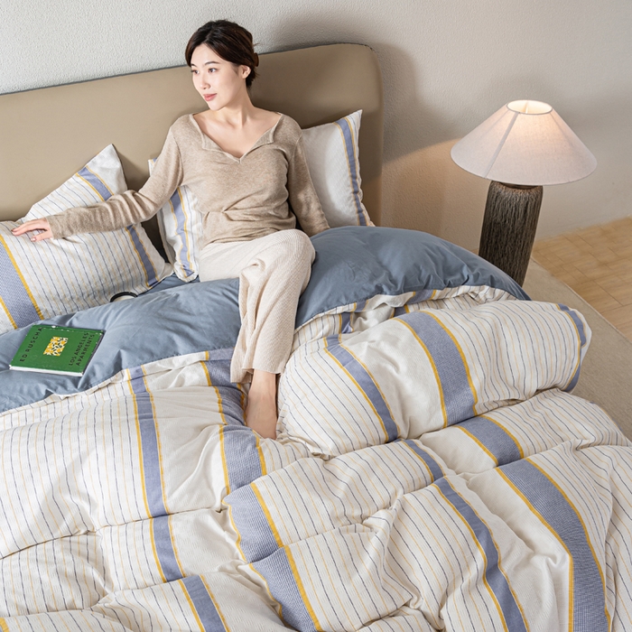 91家纺网 家纺一手货源 找家纺 九沐良品 2025新款全棉水洗棉提花四件套 简凝-蓝