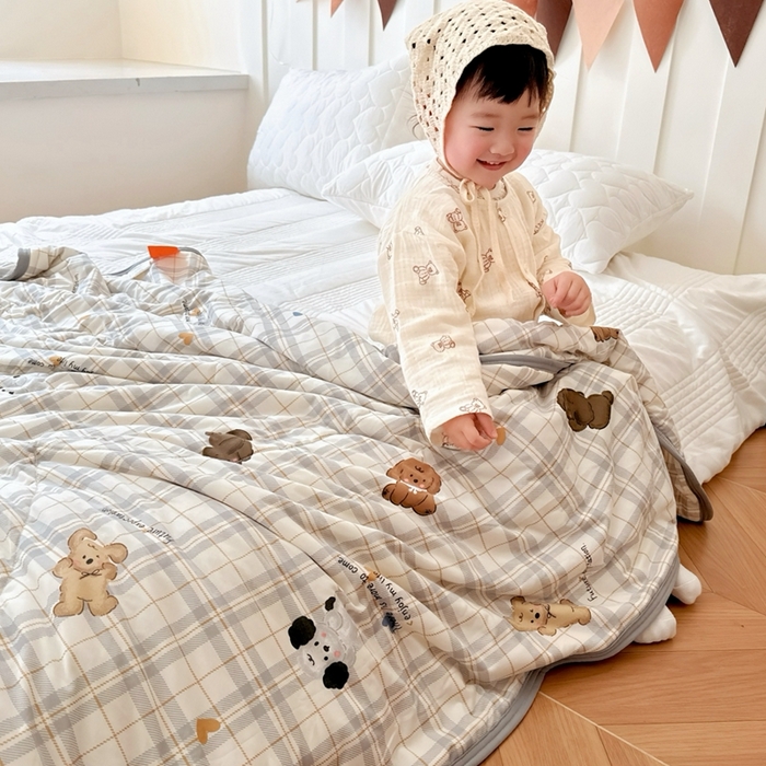 91家纺网 家纺一手货源 找家纺 兜米  2025夏季A类针织棉夏凉被小清新卡通双面针织棉空调被子被芯 格子狗