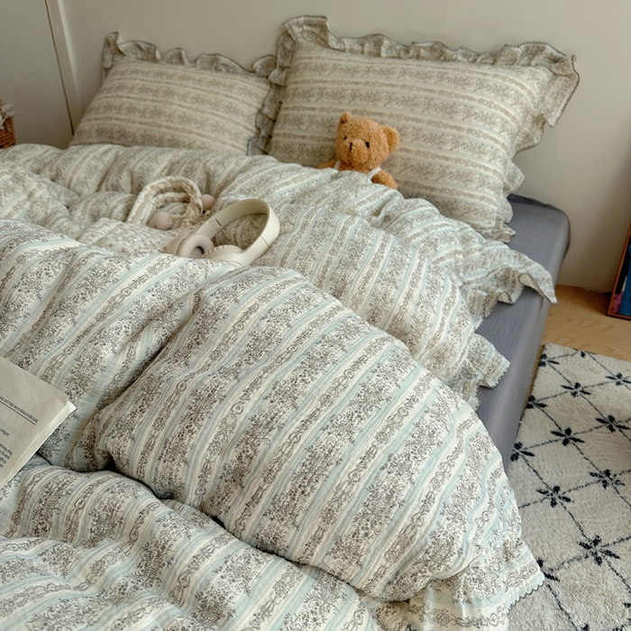 91家纺网 家纺一手货源 找家纺 2025新韩版花边全棉双层皱皱纱布四件套 白兰地