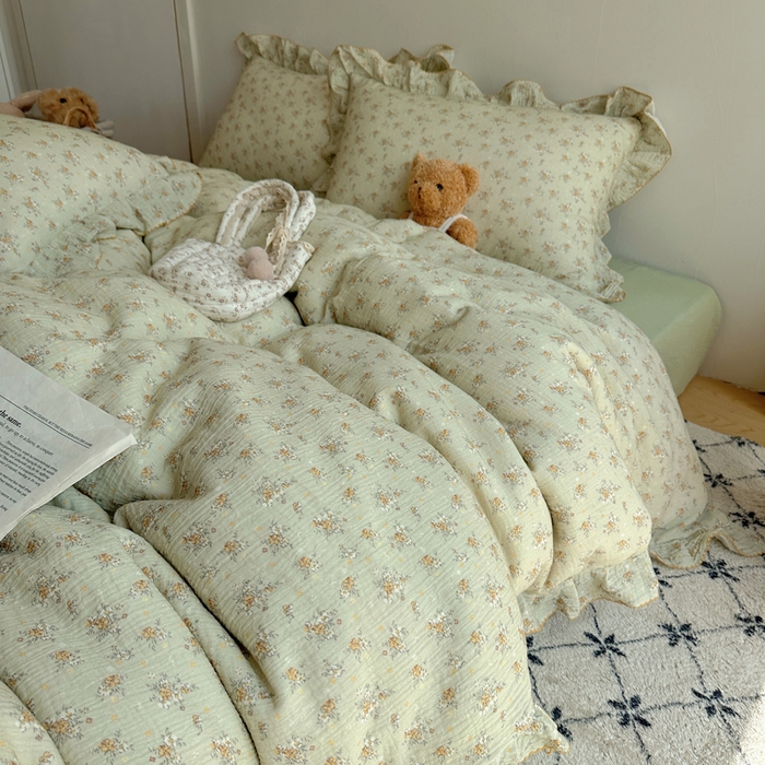 91家纺网 家纺一手货源 找家纺 2025新韩版花边全棉双层皱皱纱布四件套 花仙子