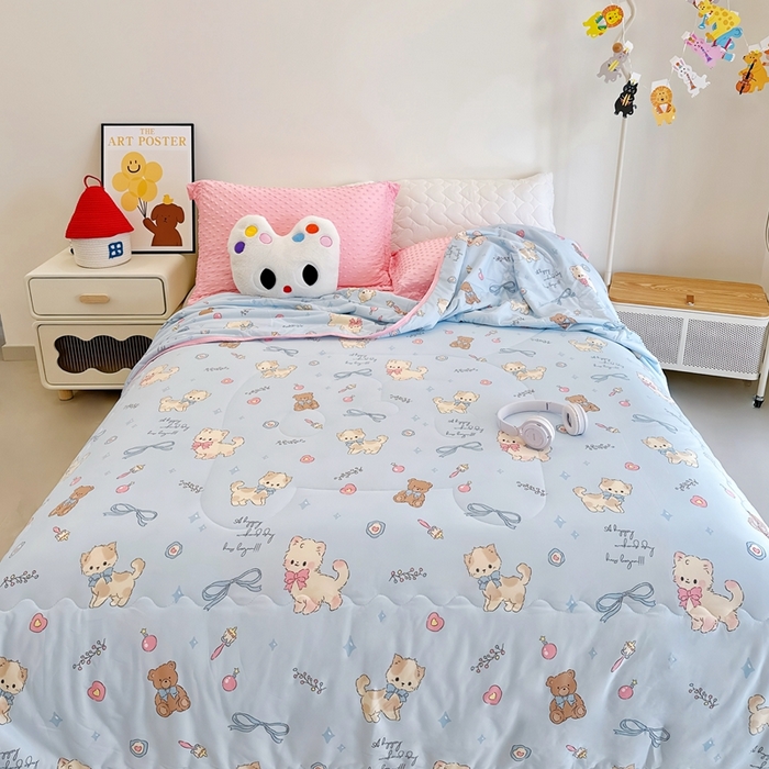 91家纺网 家纺一手货源 找家纺 兜米  2025夏季A类针织棉夏凉被小清新卡通双面针织棉空调被子被芯 宠物喵喵