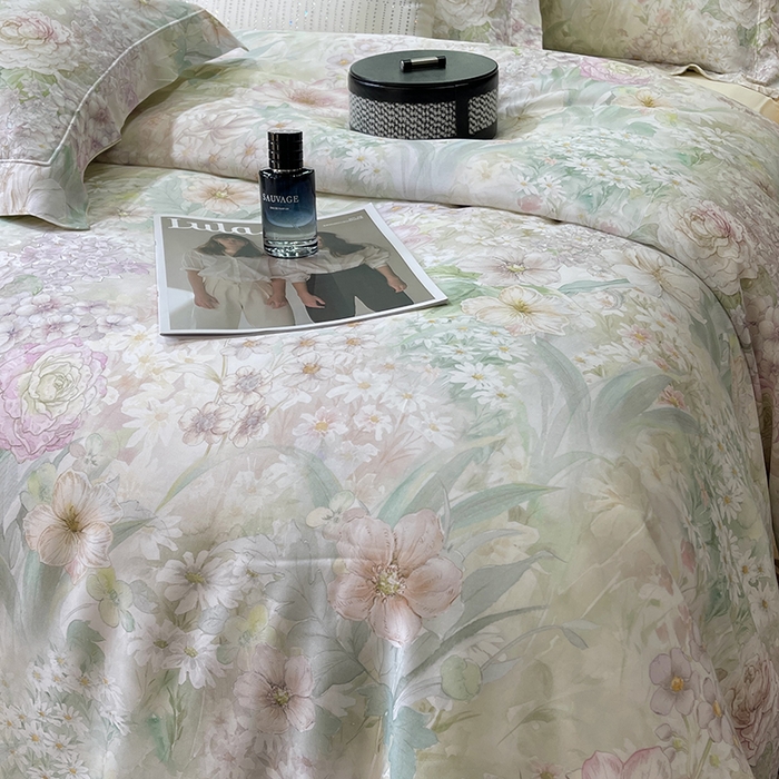 91家纺网 家纺一手货源 找家纺 莱豫2025新款50支莱赛尔天丝四件套 花漾情绿