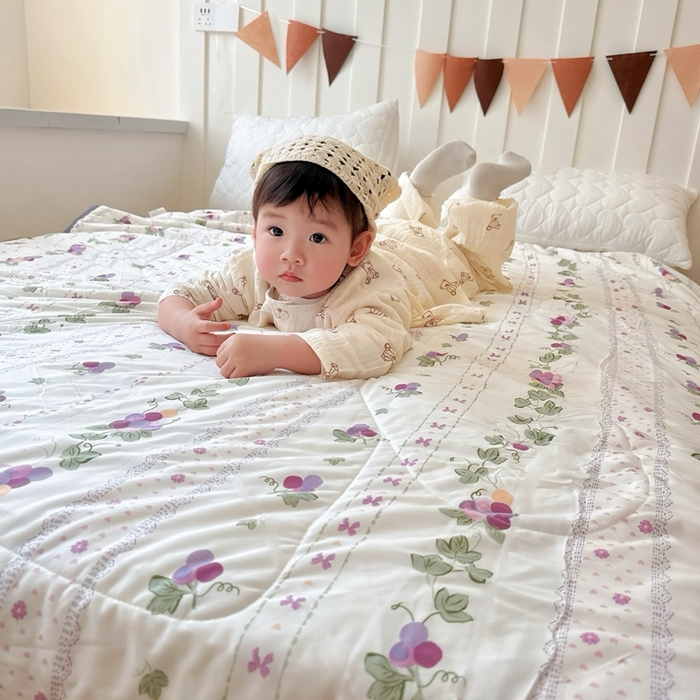 91家纺网 家纺一手货源 找家纺 兜米  2025夏季A类针织棉夏凉被小清新卡通双面针织棉空调被子被芯 小葡萄