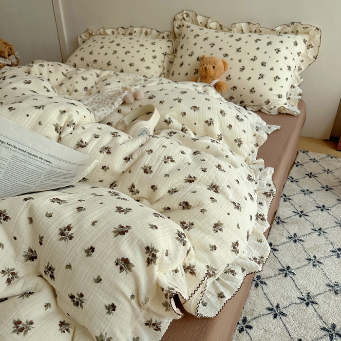 91家纺网 家纺一手货源 找家纺 2025新韩版花边全棉双层皱皱纱布四件套 清冷紫葡萄