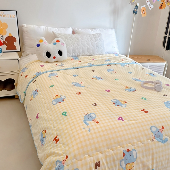 91家纺网 家纺一手货源 找家纺 兜米  2025夏季A类针织棉夏凉被小清新卡通双面针织棉空调被子被芯 字母小象