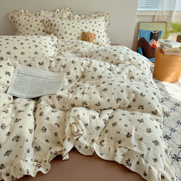 91家纺网 家纺一手货源 找家纺 2025新韩版花边全棉双层皱皱纱布四件套 清冷紫葡萄