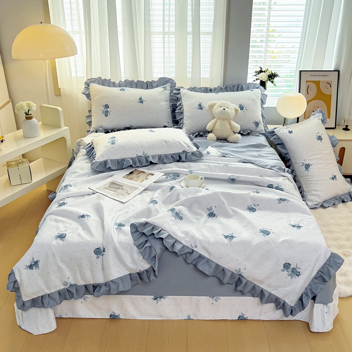 91家纺网 家纺一手货源 找家纺 找底底家纺 2025新款60S水洗天丝夏被夏凉被空调被床裙四件套 蓝色妖姬