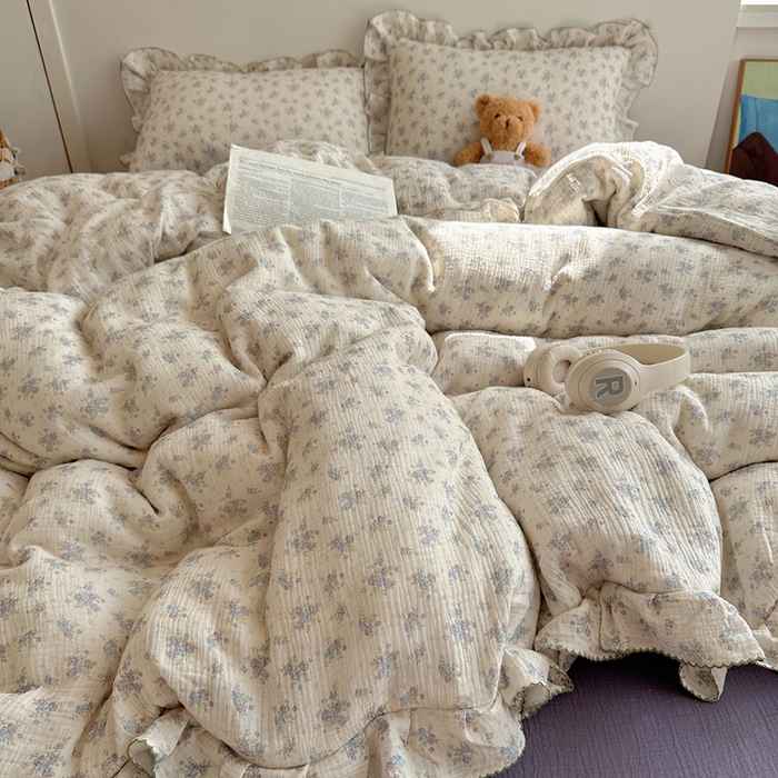 91家纺网 家纺一手货源 找家纺 2025新韩版花边全棉双层皱皱纱布四件套 怦然心动