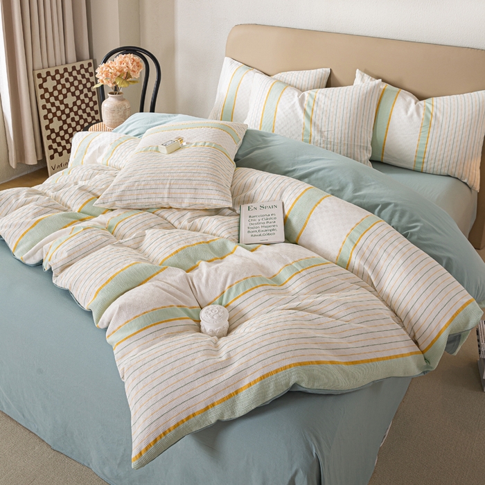 91家纺网 家纺一手货源 找家纺 九沐良品 2025新款全棉水洗棉提花四件套 简凝-湖兰