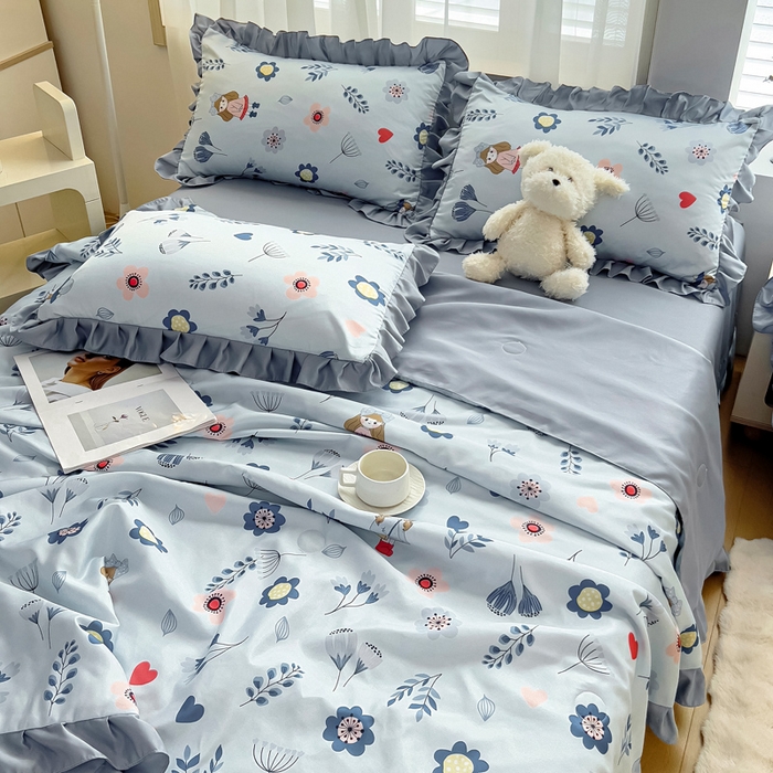 91家纺网 家纺一手货源 找家纺 找底底家纺 2025新款60S水洗天丝夏被夏凉被空调被床裙四件套 梦花田