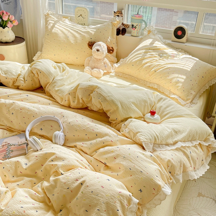 91家纺网 家纺一手货源 找家纺 一比一 2026新款云感皱皱双层纱四件套-全棉花边款【控价99元销售】 芝士奶酪