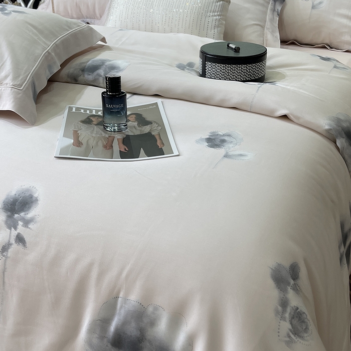 91家纺网 家纺一手货源 找家纺 莱豫2025新款50支莱赛尔天丝四件套 浅筏花亦