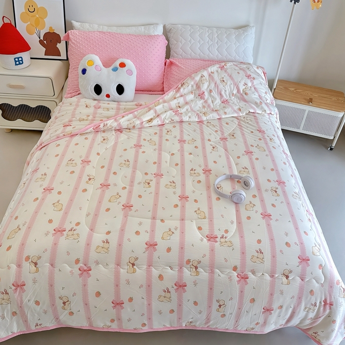 91家纺网 家纺一手货源 找家纺 兜米  2025夏季A类针织棉夏凉被小清新卡通双面针织棉空调被子被芯 蝴蝶结兔兔