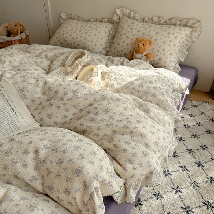 91家纺网 家纺一手货源 找家纺 2025新韩版花边全棉双层皱皱纱布四件套 怦然心动