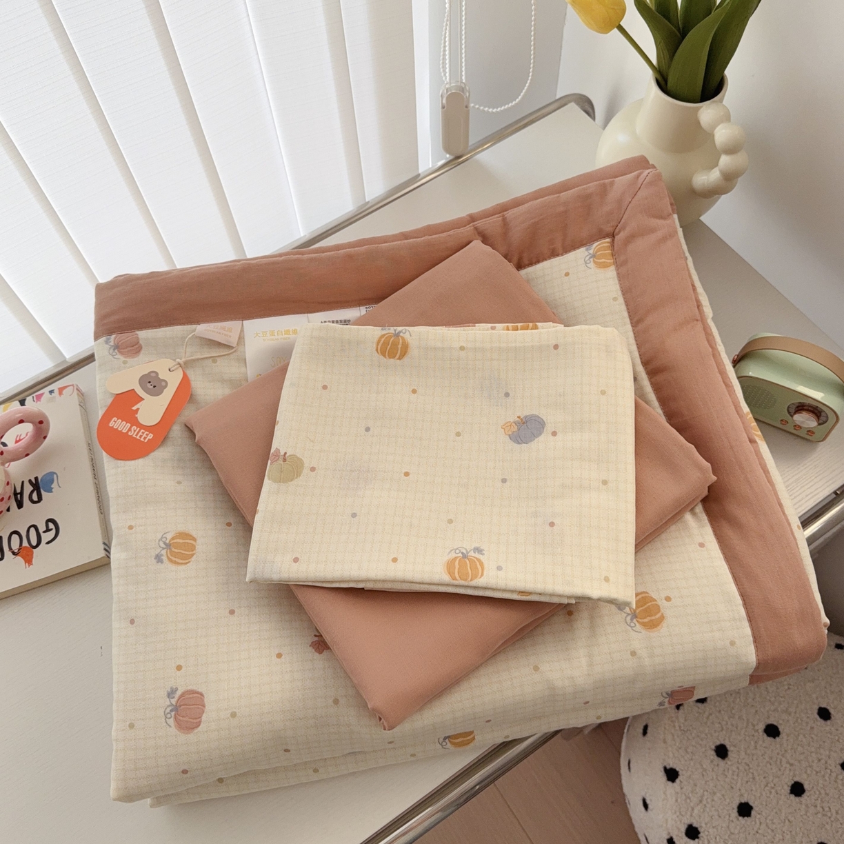 91家纺网 家纺一手货源 找家纺 于果 2025新款全棉双层纱夏被四件套 格格南瓜