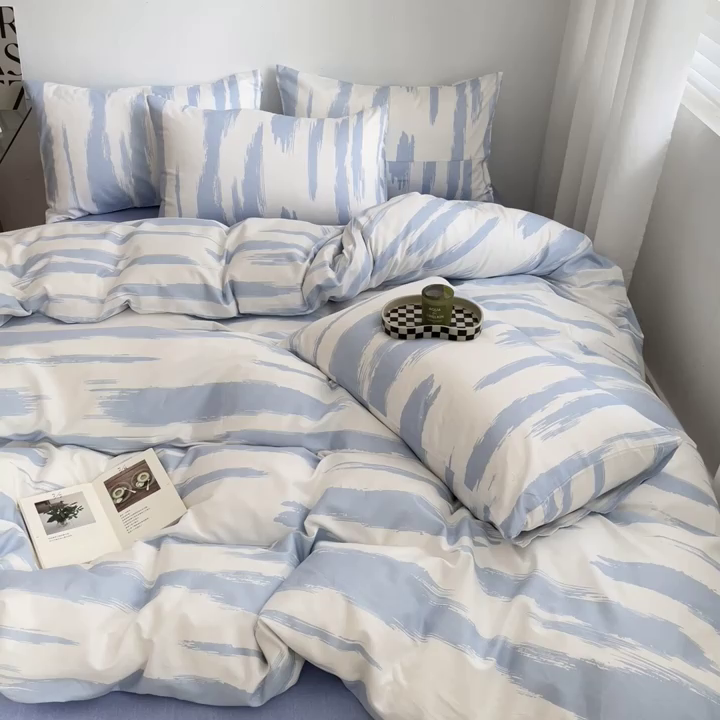 91家纺网 家纺一手货源 找家纺 吉象2025新款全棉印花北欧极简四件套系列 文艺蓝