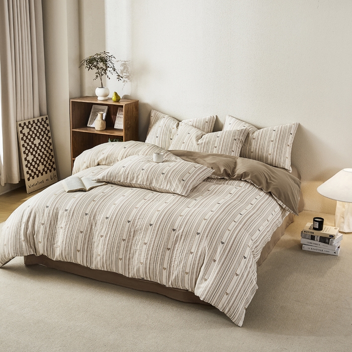 91家纺网 家纺一手货源 找家纺 2025新款全棉水洗棉双层纱印花四件套 拿铁-米