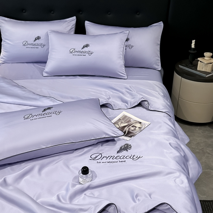 91家纺网 家纺一手货源 找家纺 牛牛家纺 2025新款水洗真丝刺绣夏被夏凉被空调被四件套 梦羽-星黛紫