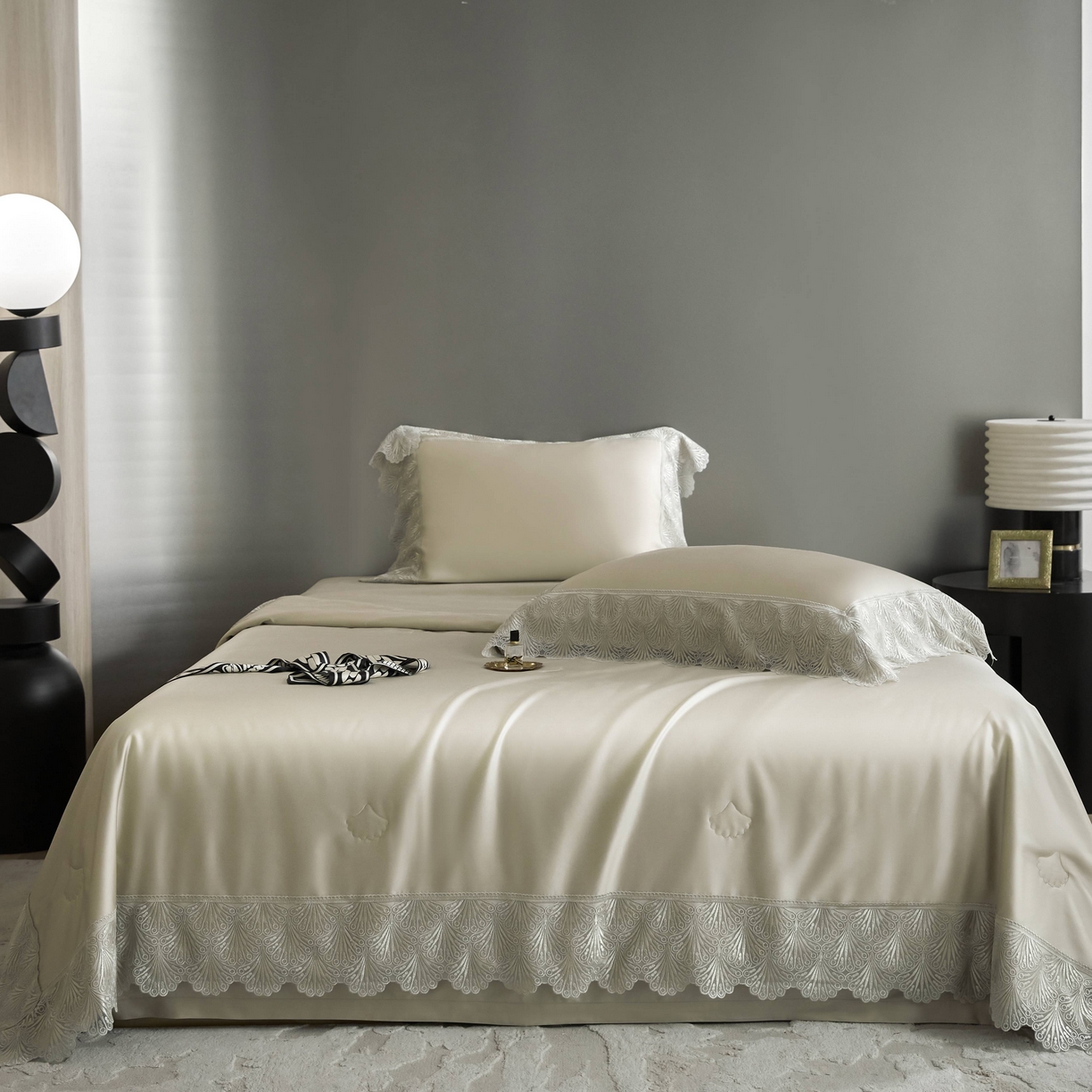 91家纺网 家纺一手货源 找家纺 （总）榻尚家居 2025春夏新款天丝棉蕾丝夏被夏凉被空调被床盖四件套-沐颜