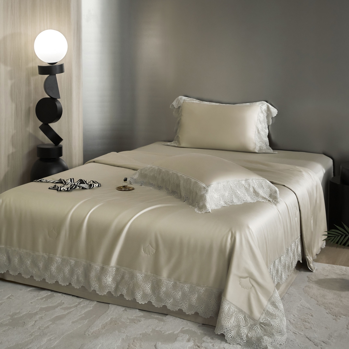 91家纺网 家纺一手货源 找家纺 榻尚家居 2025春夏新款天丝棉蕾丝夏被夏凉被空调被床盖四件套-沐颜 沐颜 金色