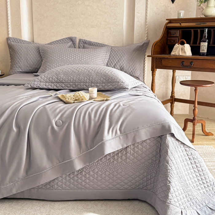 91家纺网 家纺一手货源 找家纺 若未家居 LOVEWE HOUSE 2025新款莫代尔竹节床盖夏被四件套 灰色