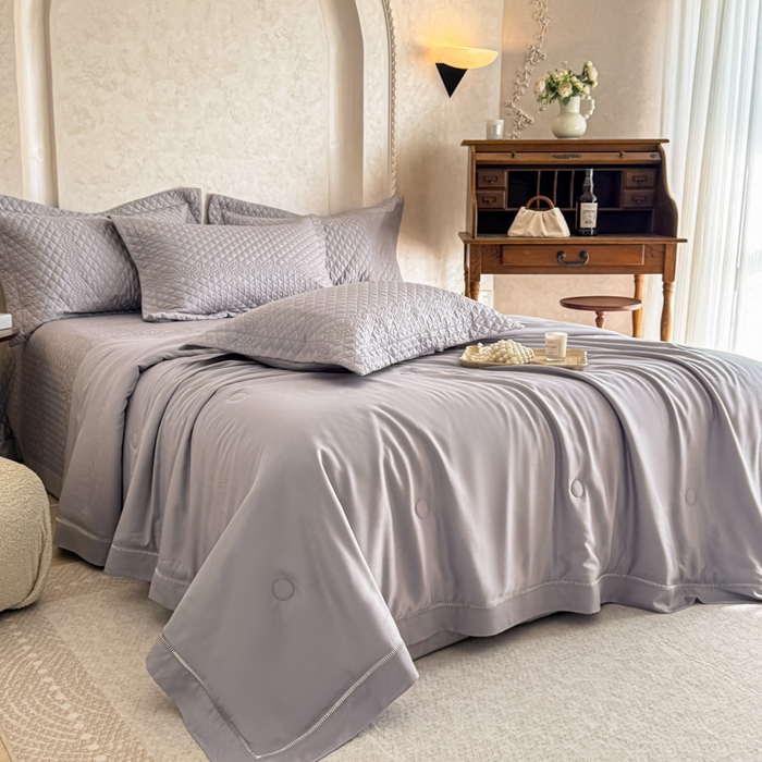 91家纺网 家纺一手货源 找家纺 若未家居 LOVEWE HOUSE 2025新款莫代尔竹节床盖夏被四件套 灰色