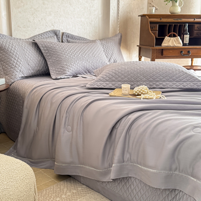 91家纺网 家纺一手货源 找家纺 若未家居 LOVEWE HOUSE 2025新款莫代尔竹节床盖夏被四件套 灰色