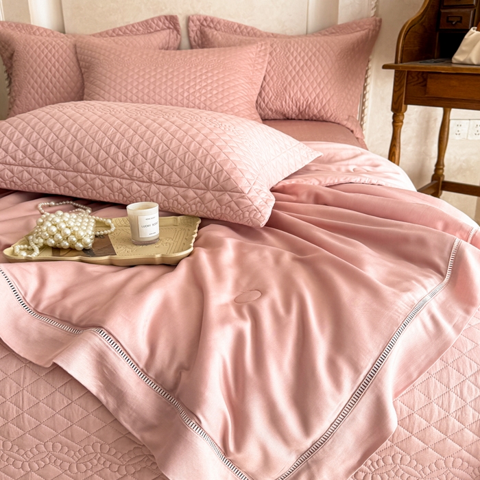 91家纺网 家纺一手货源 找家纺 若未家居 LOVEWE HOUSE 2025新款莫代尔竹节床盖夏被四件套 粉色