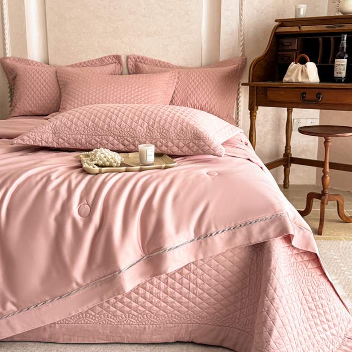 91家纺网 家纺一手货源 找家纺 若未家居 LOVEWE HOUSE 2025新款莫代尔竹节床盖夏被四件套 粉色