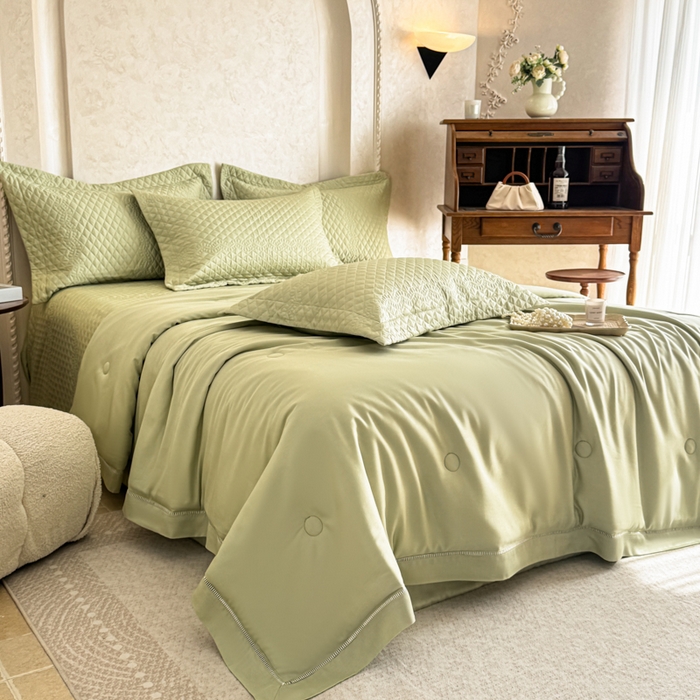 91家纺网 家纺一手货源 找家纺 若未家居 LOVEWE HOUSE 2025新款莫代尔竹节床盖夏被四件套 绿色