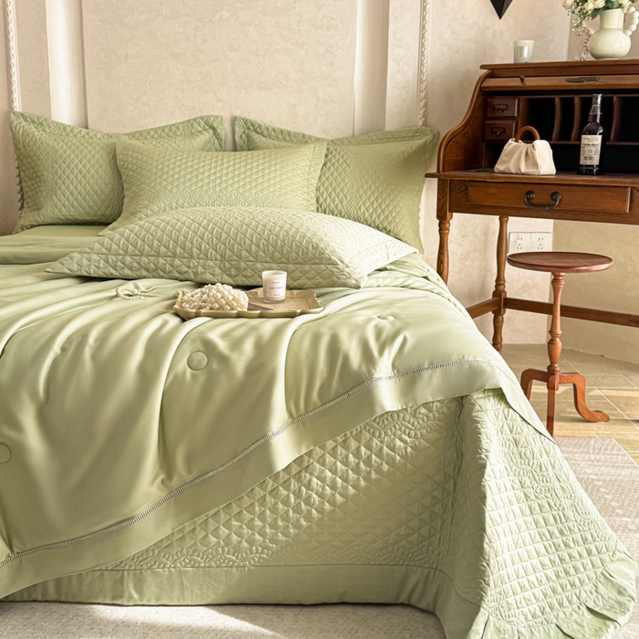 91家纺网 家纺一手货源 找家纺 若未家居 LOVEWE HOUSE 2025新款莫代尔竹节床盖夏被四件套 绿色