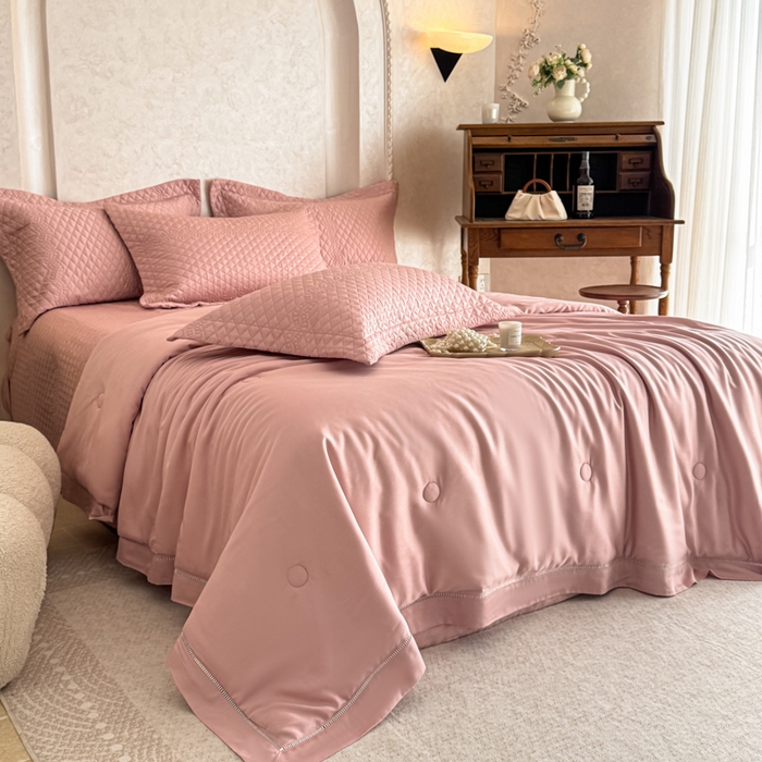 91家纺网 家纺一手货源 找家纺 若未家居 LOVEWE HOUSE 2025新款莫代尔竹节床盖夏被四件套 粉色