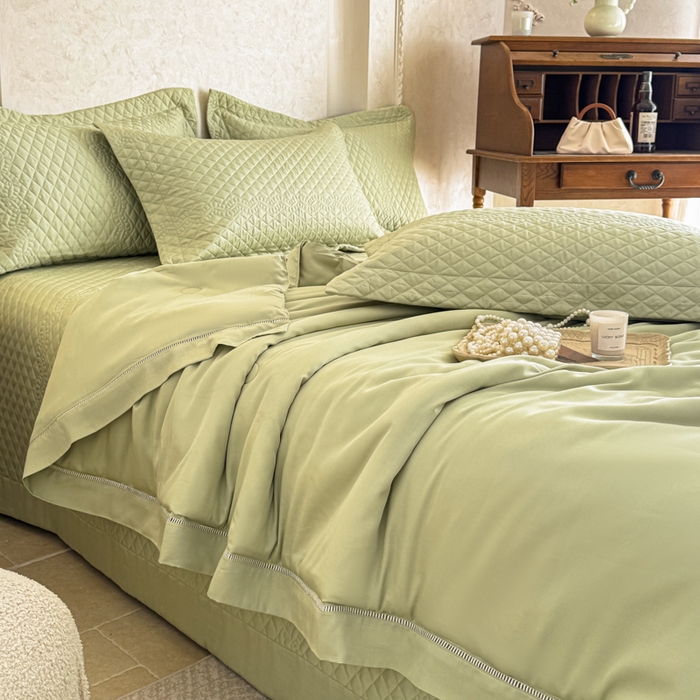 91家纺网 家纺一手货源 找家纺 若未家居 LOVEWE HOUSE 2025新款莫代尔竹节床盖夏被四件套 绿色