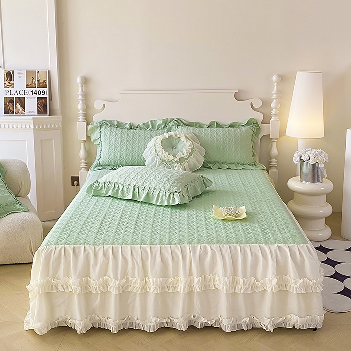 91家纺网 家纺一手货源 找家纺 （总）花香四季家纺 2025新款法式夹棉绗缝床裙单件三件套蕾丝公主风-可可甜心